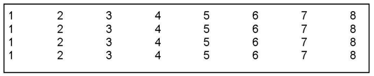A rectangular grid with four identical rows, each containing the numbers 1 through 8 in order, separated by spaces. Reminiscent of music composition, the grid is outlined with a black border.