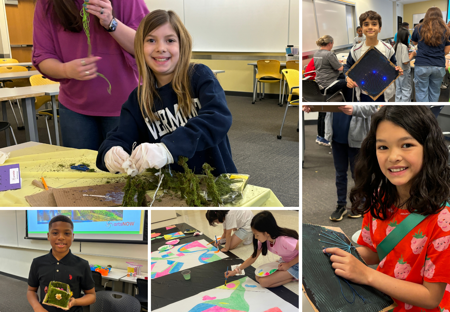 A collage of kids in a classroom engaged in activities: creating crafts, painting, and smiling at the camera. Showcasing student opportunities inspired by ArtsNOW STEAM, they share art projects in vibrant, creative settings. A collage of kids in a classroom engaged in activities: creating crafts, painting, and smiling at the camera. Showcasing student opportunities inspired by ArtsNOW STEAM, they share art projects in vibrant, creative settings.