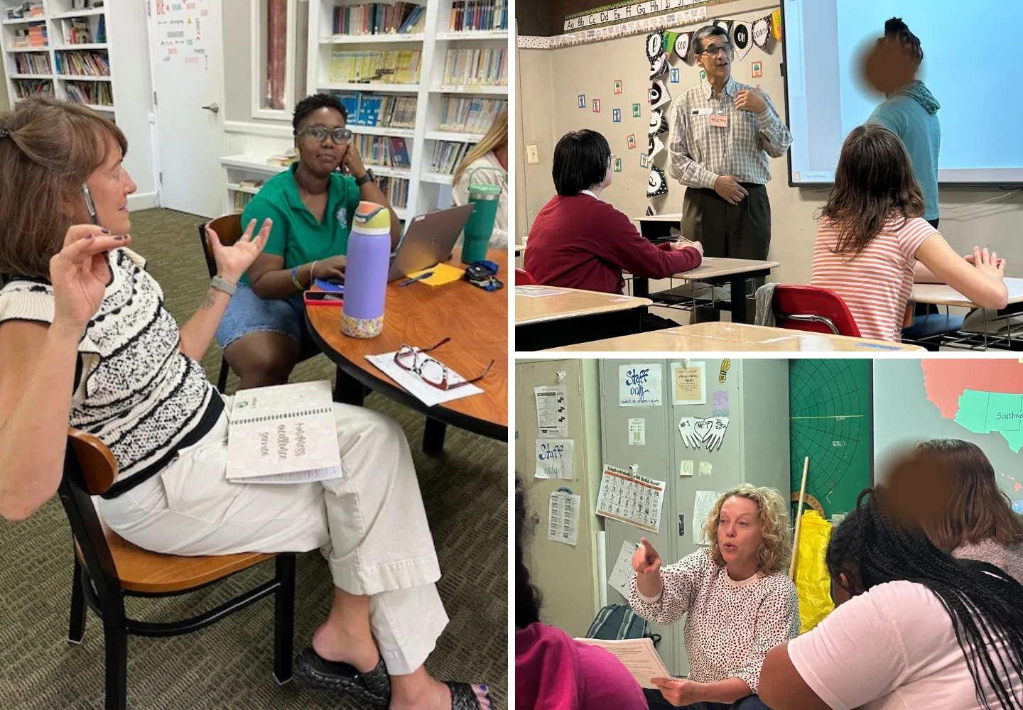 Collage of three images: Left shows two women discussing learning materials at a table with notebooks and a laptop. Top-right depicts a man teaching students to combat summer slide at their desks. Bottom-right displays a woman engaged in an arts-focused conversation with a group in a classroom setting.