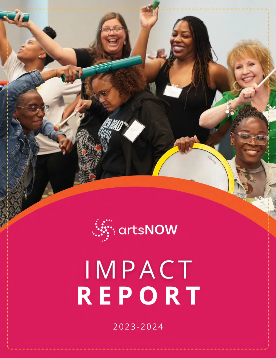 A group of diverse people joyfully playing music with percussion instruments, representing the vibrant culture of Georgia. The image is overlaid with text: "artsNOW Impact Report 2023-2024" for our Landing Page.