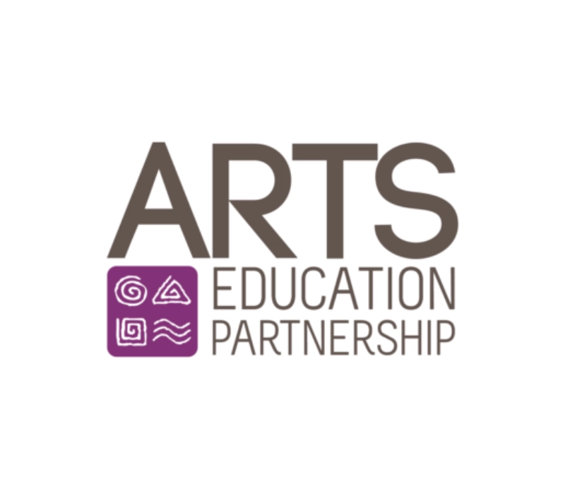 Logo of Arts Education Partnership with text above a purple square containing abstract symbols, including a spiral, triangle, square, and wavy lines, embodying the essence of arts-integrated learning.