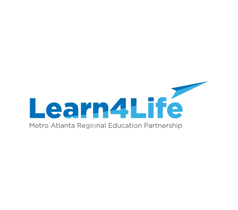 Logo featuring the text "Learn4Life" in blue, with a small paper airplane above the "4." Below, the tagline reads "Metro Atlanta Regional Education Partnership." Set against a white background, this design embodies arts-integrated learning to inspire creativity and collaboration.