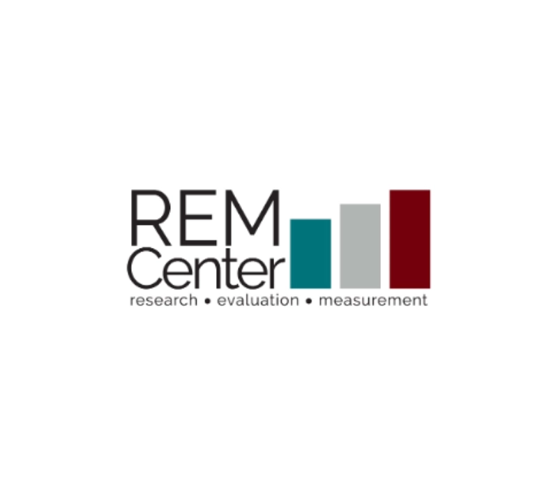 Logo of REM Center featuring three vertical bars in teal, gray, and maroon, symbolizing growth or data through arts-integrated learning. The text "REM Center" is above the bars with the words "research," "evaluation," and "measurement" below.