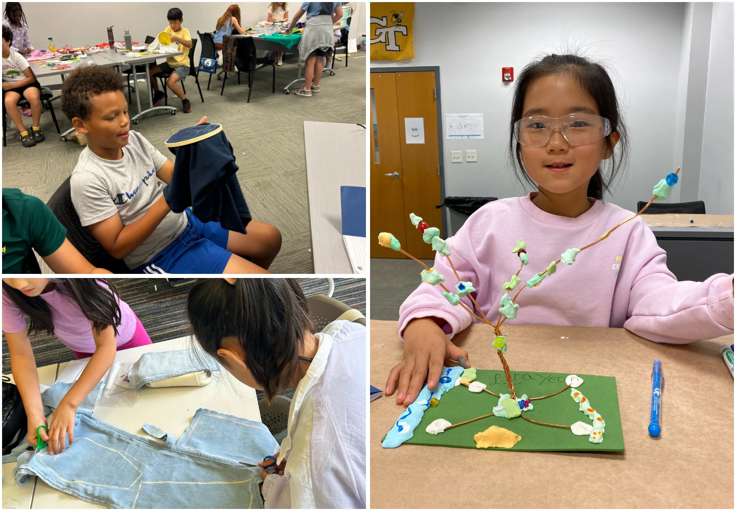 Collage of three images showcasing children immersed in creative STEAM activities. One child holds a wooden hoop, a group works on sewing denim, and a girl proudly displays an artful model of a tree embellished with colorful elements.