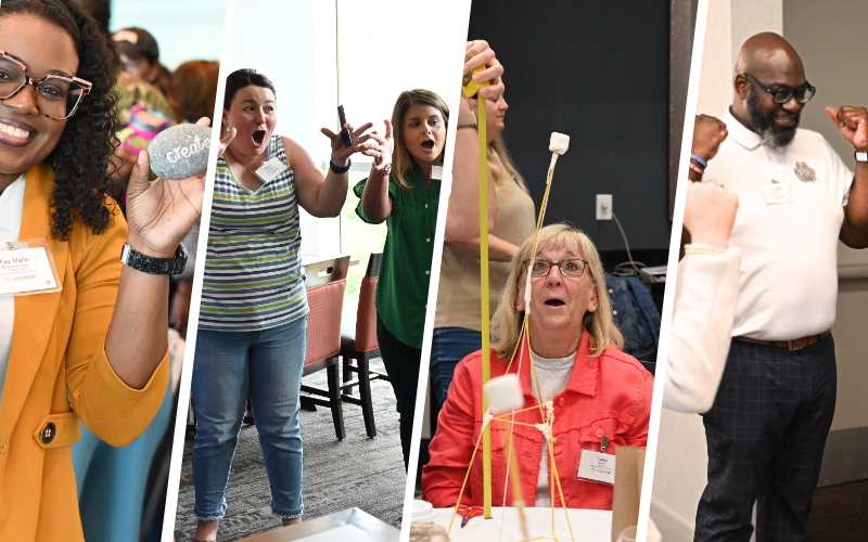 A collage of four images: a woman smiling and holding a rock, three women looking surprised, a woman building a tower with marshmallows and spaghetti, and a man raising his fists in excitement.