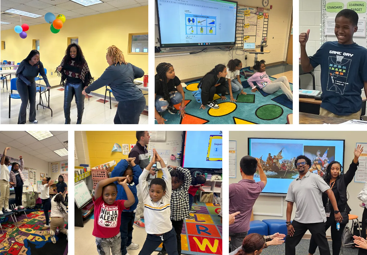 A collage of classroom scenes with children and teachers engaging in interactive activities, group games, and dancing, all appearing joyful and energetic in a colorful elementary school setting that highlights literacy support. A collage of classroom scenes with children and teachers engaging in interactive activities, group games, and dancing, all appearing joyful and energetic in a colorful elementary school setting that highlights literacy support.