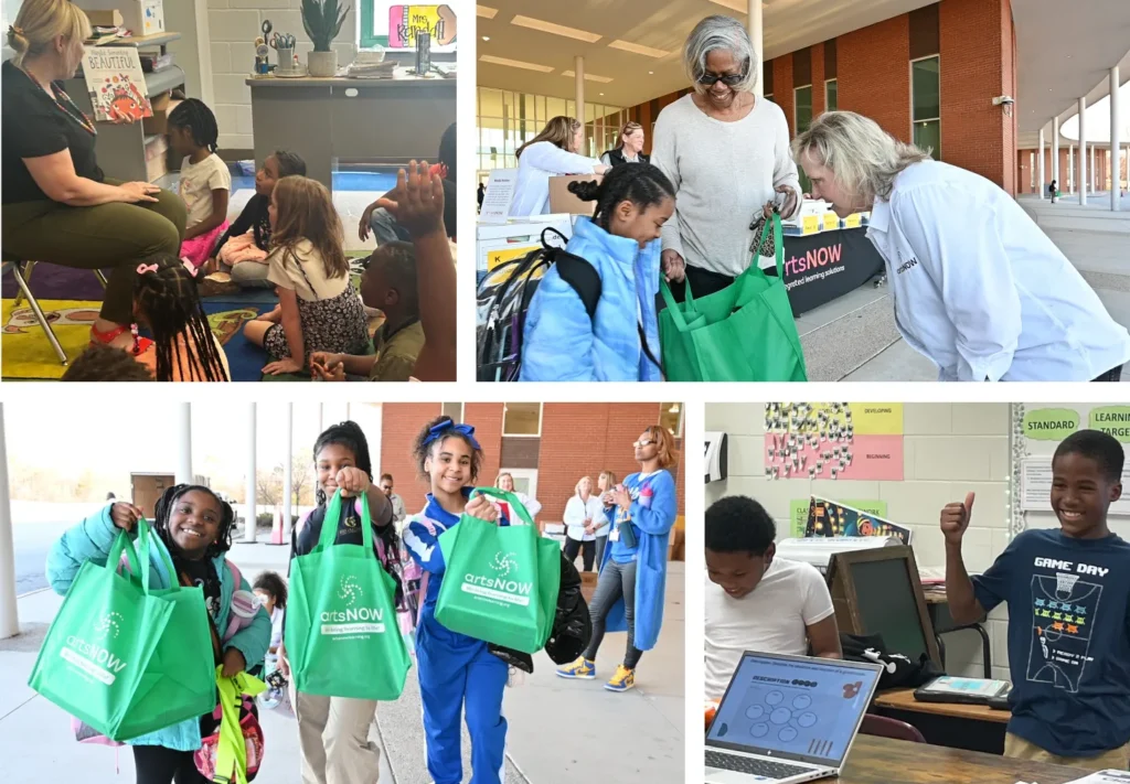 A collage shows children in a classroom listening to a story, students receiving green tote bags from adults, kids smiling with their bags, and two boys using a laptop and excitedly giving a thumbs-up—highlighting the impact of the Dick and Tunky Riley WhatWorksSC Award.