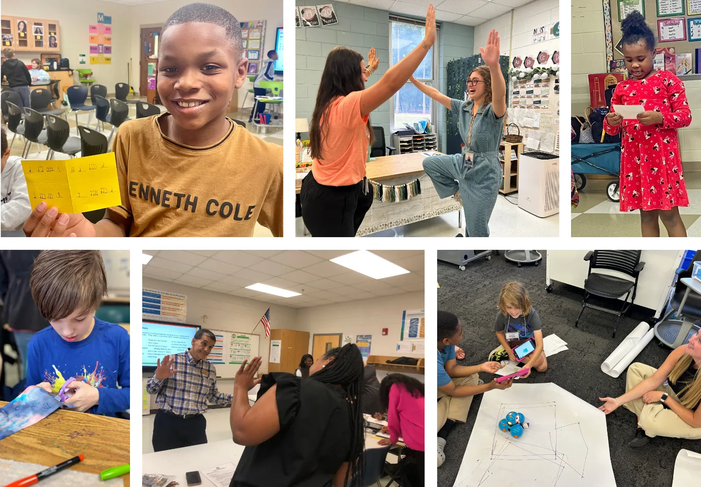 A collage of classroom scenes: children work on crafts inspired by ArtsNOW, play educational games, read assignments, collaborate in groups, and do a balance exercise; teachers and students interact in bright, lively classrooms. A collage of classroom scenes: children work on crafts inspired by ArtsNOW, play educational games, read assignments, collaborate in groups, and do a balance exercise; teachers and students interact in bright, lively classrooms.