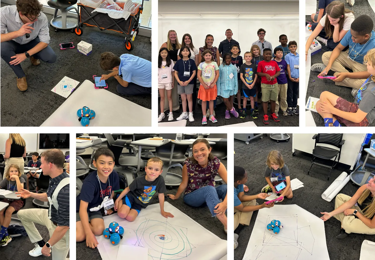 A collage of kids in a classroom using robots and tablets, a group photo of smiling children, and teachers interacting with students during an ArtsNOW hands-on STEM activity, recognized by the Dick and Tunky Riley WhatWorksSC Award.