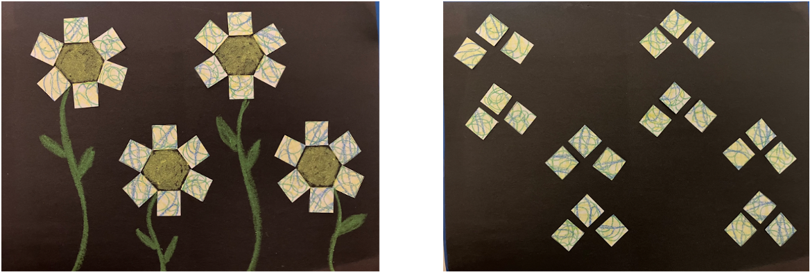 Three paper flowers with green stems on the left, each made from a circle and square petals. On the right, the same cut-out shapes are rearranged into math mosaics, creating abstract patterns on a black background.