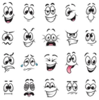 A grid of 20 cartoon faces showing various exaggerated emotions, including happiness, surprise, sadness, anger, confusion, laughter, and mischief, all drawn in a simple black-and-white style.