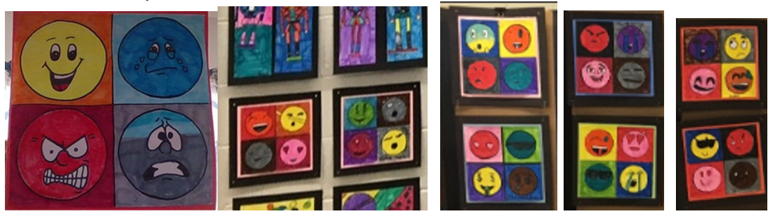 Several colorful art pieces display four circles in a grid, each representing different facial expressions: happy, sad, angry, and surprised, using bright backgrounds and bold designs.