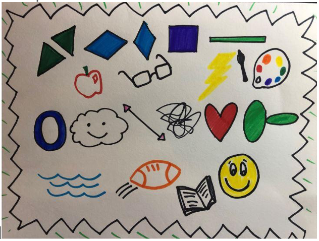 A hand-drawn collage forms a playful data portrait, featuring various icons: geometric shapes, an apple, glasses, lightning bolt, paint palette, cloud, heart, leaf, waves, football, smiling face, and an open book on a white background.