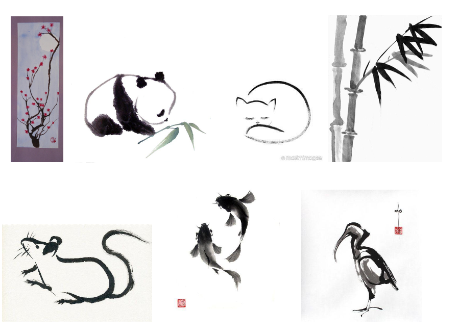 A collage of minimalist Chinese ink art inspired by sumi-e painting, featuring a plum blossom branch, a panda with bamboo, a sleeping cat, bamboo stalks, a rat, two koi fish, and a bird on a branch—a meditation in brushstrokes.