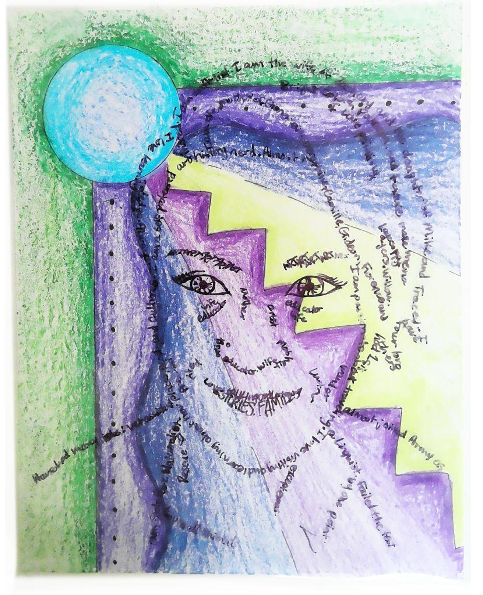 A colorful abstract identity portrait of a face with geometric shapes in green, purple, and yellow tones. A blue circle is in the top left corner. Handwritten calligram text curves around the face and background, blending with the artwork.