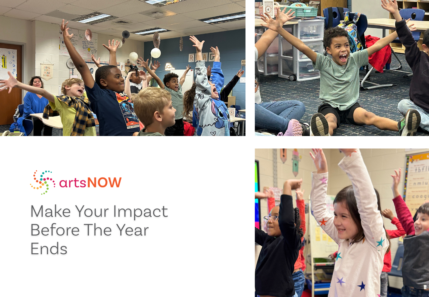 A collage highlighting Arts Integration in schools: top left, women with sticky notes on their foreheads smiling at a table; top right, two women writing together; bottom right, two women drawing colorful designs. ArtsNOW logo and text appear.