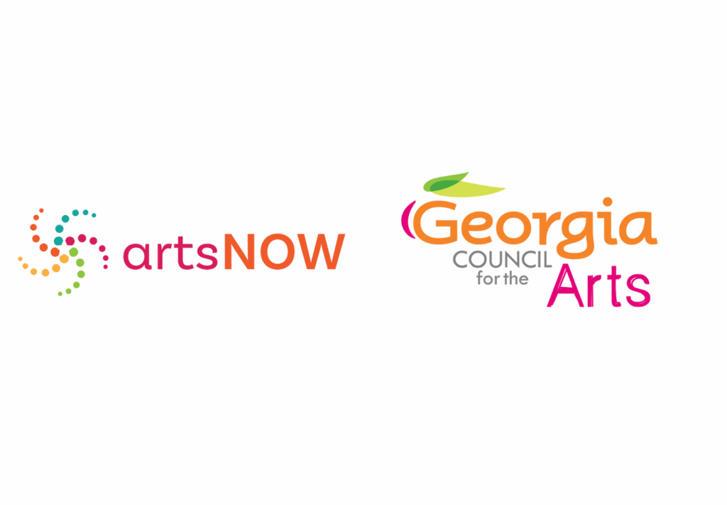 Two logos: Left, a dotted swirl with "artsNOW" in orange and pink, highlighting ArtsNOW's recent grant renewal; right, "Georgia Council for the Arts" in orange, green, and pink with a leaf above the "G" in "Georgia.