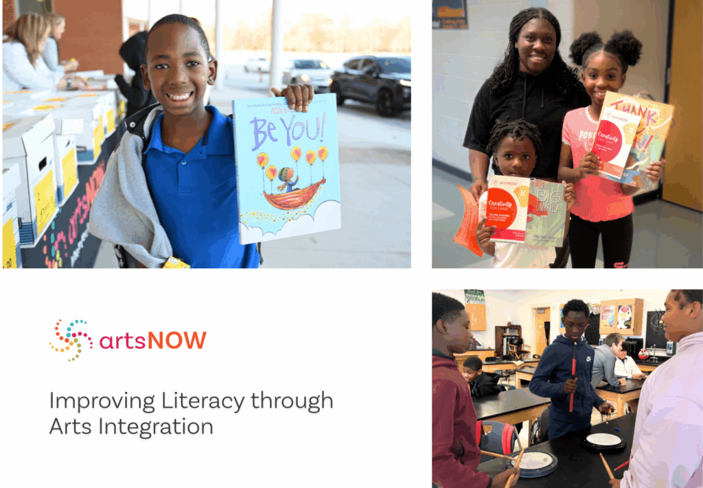 A smiling child holds up colorful artwork reading "Be You!", a woman and two children display thank-you notes and books, and students collaborate in a classroom. Text reads: "ArtsNOW - Advancing literacy through arts integration.