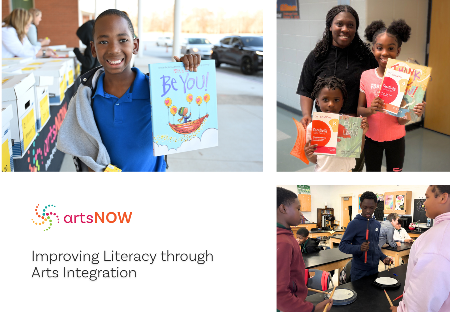 A smiling child holds up colorful artwork reading "Be You!", a woman and two children display thank-you notes and books, and students collaborate in a classroom. Text reads: "ArtsNOW - Advancing literacy through arts integration.