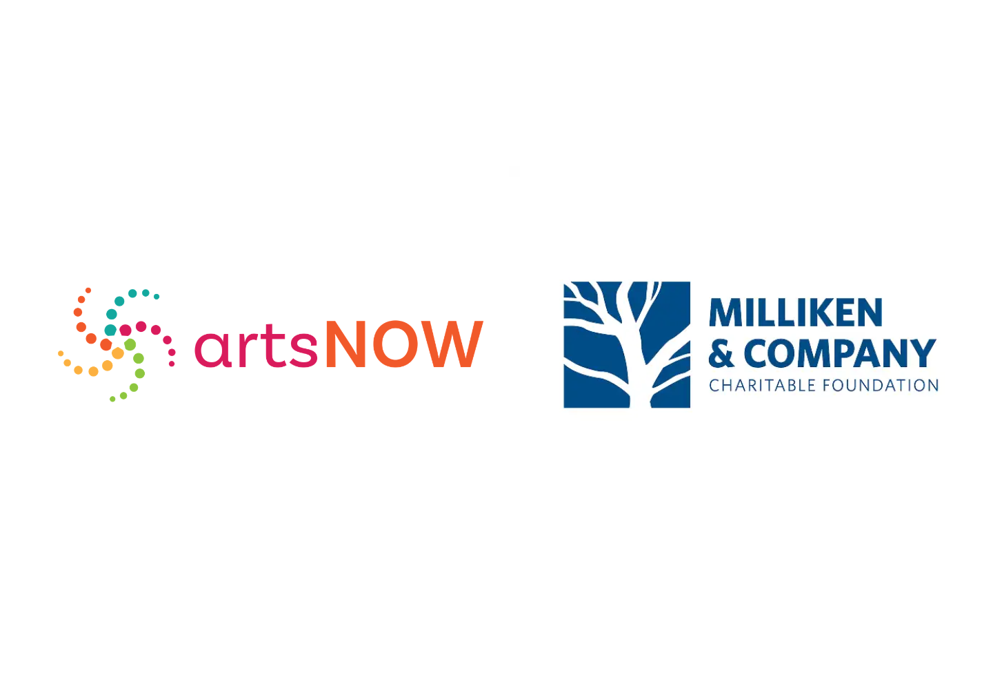 Two logos: Left, a dotted swirl with "artsNOW" in orange and pink, highlighting ArtsNOW's recent grant renewal; right, "Georgia Council for the Arts" in orange, green, and pink with a leaf above the "G" in "Georgia.