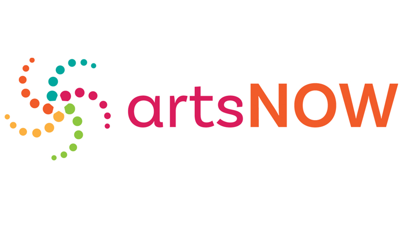 Two logos: Left, a dotted swirl with "artsNOW" in orange and pink, highlighting ArtsNOW's recent grant renewal; right, "Georgia Council for the Arts" in orange, green, and pink with a leaf above the "G" in "Georgia.